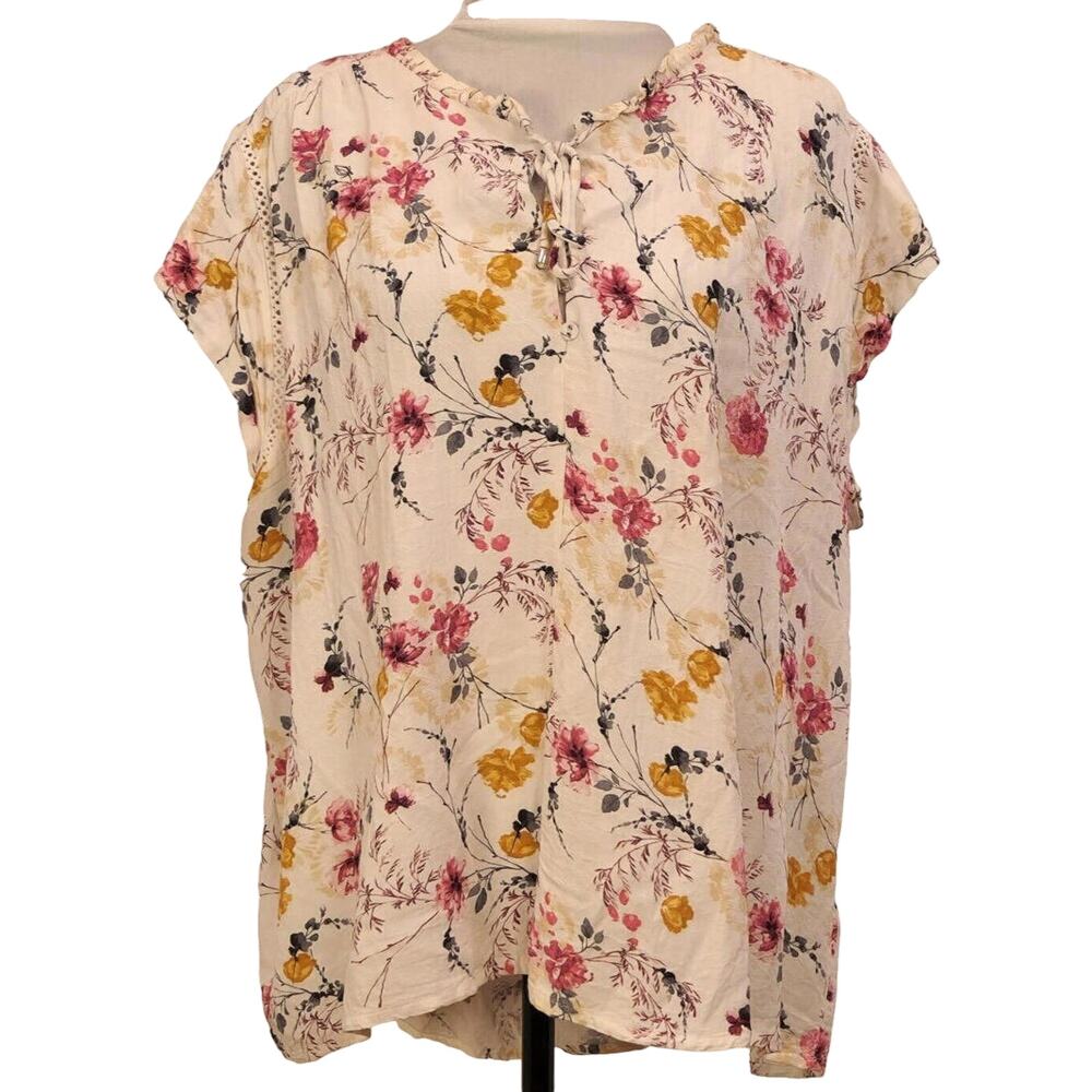 BUFFALO Size 2XL Blouse White Floral Shirt Tie Front Floral Cascade